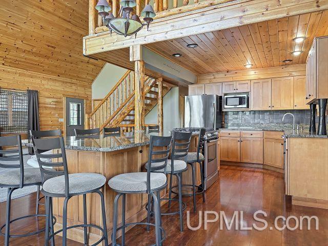 7730 Tipperary Ave, Gladstone, MI 49837 - kitchen with stainless steel appliances, wood ceiling, dark wood finished floors, a breakfast bar, and backsplash