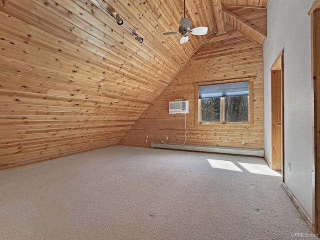 7730 Tipperary Ave, Gladstone, MI 49837 - bonus room with wooden ceiling, baseboard heating, lofted ceiling, wooden walls, and carpet flooring