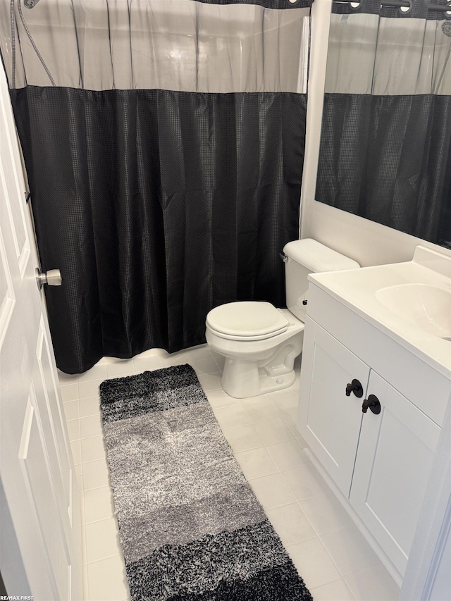 16180 Scenic Dr, Clinton, MI 48038 - bathroom with tile patterned floors, vanity, toilet, and curtained shower