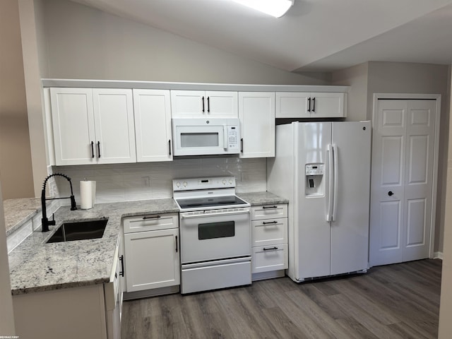 16180 Scenic Dr, Clinton, MI 48038 - kitchen with white appliances, a sink, decorative backsplash, dark wood-style floors, and white cabinetry