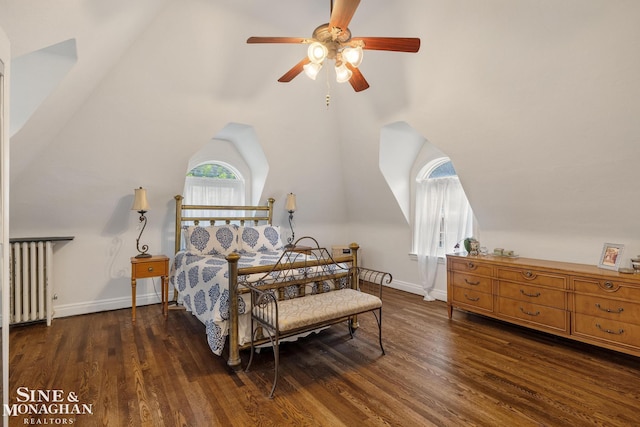 255 Lewiston Rd, Grosse Pointe Farms, MI 48236 - bedroom with radiator, wood finished floors, baseboards, lofted ceiling, and ceiling fan