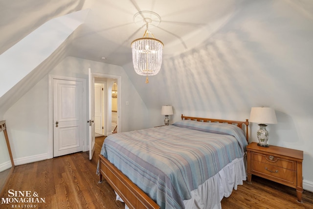 255 Lewiston Rd, Grosse Pointe Farms, MI 48236 - bedroom with lofted ceiling, a chandelier, wood finished floors, and baseboards