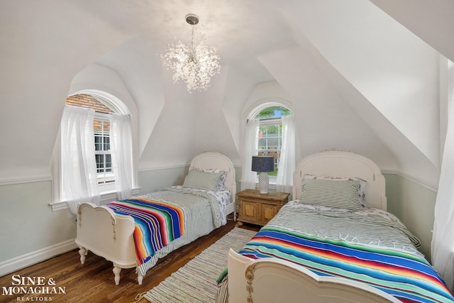 255 Lewiston Rd, Grosse Pointe Farms, MI 48236 - bedroom featuring lofted ceiling, wood finished floors, baseboards, and a chandelier