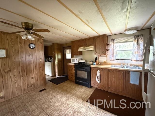 11843 Howen Rd, Long Lake T-Wi, WI 54542 - kitchen featuring black electric range oven, white microwave, under cabinet range hood, a sink, and wooden walls