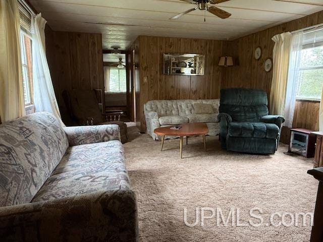 11843 Howen Rd, Long Lake T-Wi, WI 54542 - carpeted living area with ceiling fan and wood walls