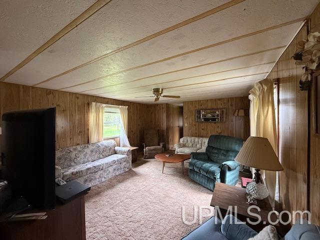 11843 Howen Rd, Long Lake T-Wi, WI 54542 - carpeted living room featuring wooden walls, a textured ceiling, and ceiling fan