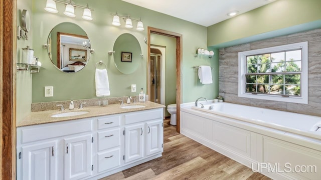 1128 E E St, Iron Mountain, MI 49801 - bathroom featuring toilet, a garden tub, double vanity, wood finished floors, and an enclosed shower