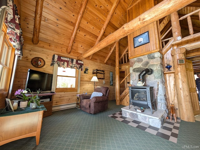 4537 Ii Rd, Garden, MI 49835 - living area featuring a baseboard radiator, a wood stove, dark colored carpet, wooden ceiling with exposed beams, and wood walls