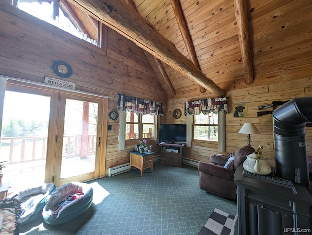 4537 Ii Rd, Garden, MI 49835 - carpeted living area with a baseboard radiator, wood walls, wooden ceiling with exposed beams, baseboard heating, and high vaulted ceiling