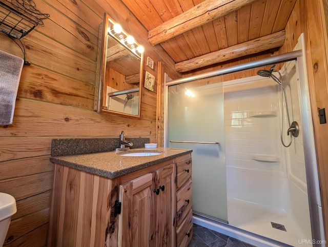 4537 Ii Rd, Garden, MI 49835 - full bath with a shower stall, wood ceiling with exposed beams, vanity, toilet, and wooden walls