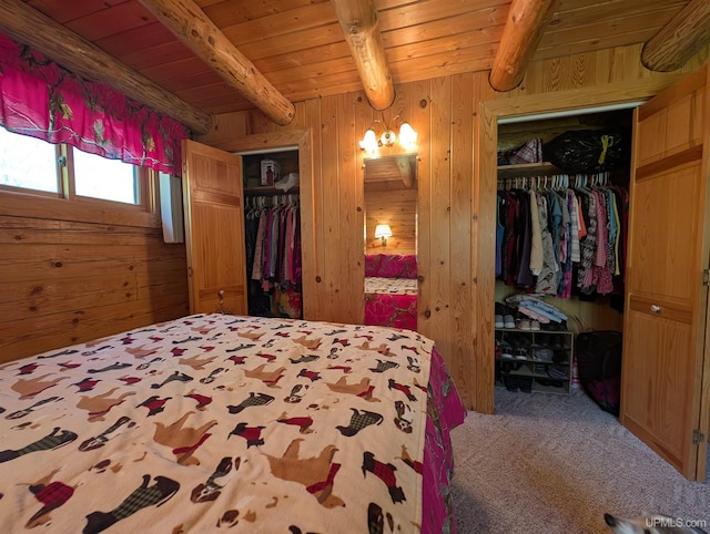 4537 Ii Rd, Garden, MI 49835 - carpeted bedroom featuring wood ceiling with exposed beams, wooden walls, and a closet