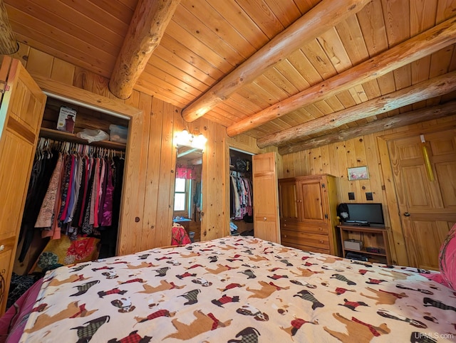 4537 Ii Rd, Garden, MI 49835 - bedroom with wooden ceiling with exposed beams and wooden walls