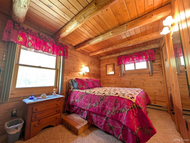 4537 Ii Rd, Garden, MI 49835 - bedroom with baseboard heating, light colored carpet, wooden ceiling with exposed beams, and wood walls