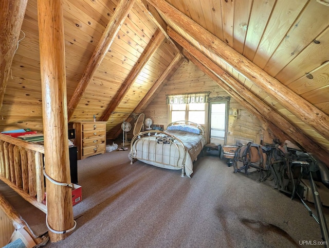 4537 Ii Rd, Garden, MI 49835 - carpeted bedroom featuring wood ceiling and wooden walls