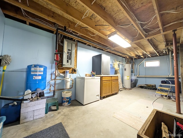 4537 Ii Rd, Garden, MI 49835 - below grade area with electric panel, fridge, electric water heater, and a water pressure tank