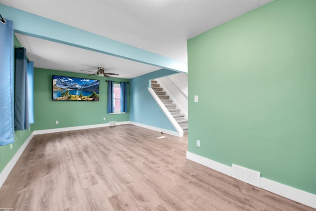 20681 Beaufait St, Harper Woods, MI 48225 - unfurnished living room featuring stairway, ceiling fan, wood finished floors, and baseboards
