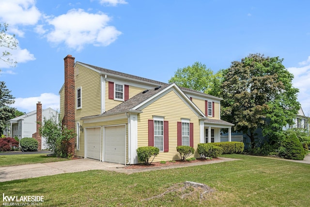 6019 Kingsfield Dr, West Bloomfield, MI 48322 - traditional home with concrete driveway, a front yard, a chimney, roof with shingles, and a garage