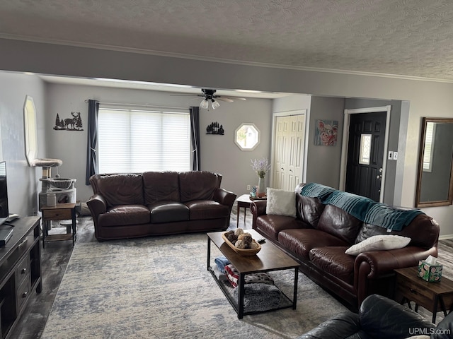 809 W A St, Iron Mountain, MI 49801 - living room with dark wood-style flooring, ceiling fan, crown molding, plenty of natural light, and a textured ceiling