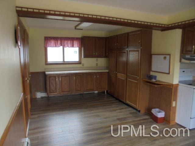 605 W 5th St, Rockland, MI 49960 - kitchen with electric stove, under cabinet range hood, wood finished floors, wainscoting, and brown cabinetry