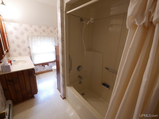 708 Calumet St, Lake Linden, MI 49945 - full bath with wallpapered walls, toilet, vanity, a baseboard heating unit, and shower / bath combination with curtain