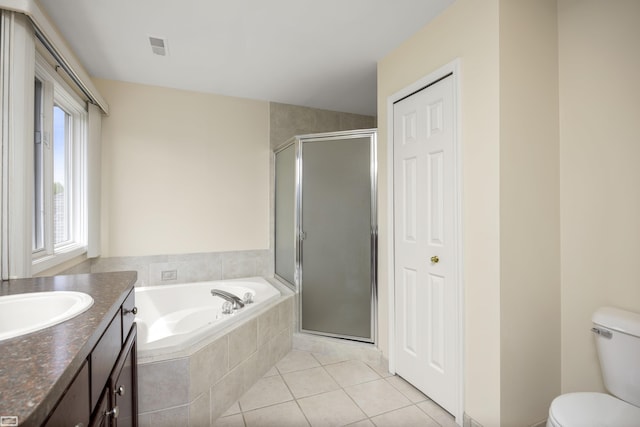 51461 Silver Bell Dr, Macomb Twp, MI 48042 - full bath with a bath, vanity, a shower stall, tile patterned flooring, and toilet