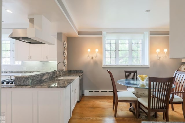257 Ridge Rd, Grosse Pointe Farms, MI 48236 - kitchen with wall chimney range hood, healthy amount of natural light, dark stone counters, and a baseboard radiator