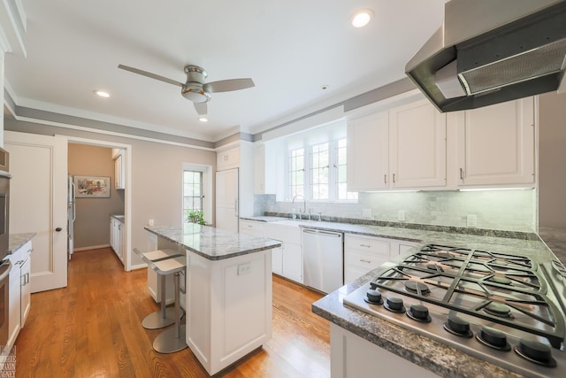 257 Ridge Rd, Grosse Pointe Farms, MI 48236 - kitchen featuring appliances with stainless steel finishes, range hood, ceiling fan, white cabinetry, and backsplash