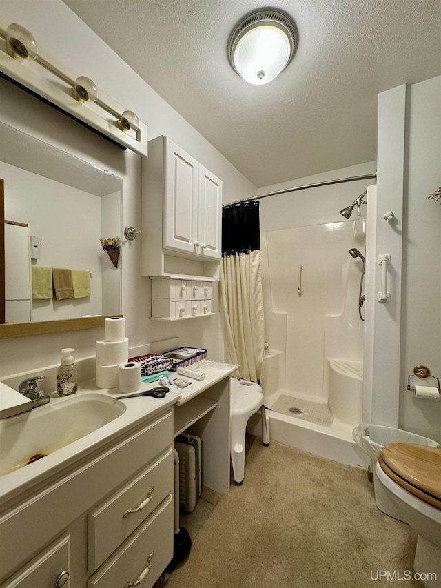 7848 Cole St, Rapid River, MI 49878 - bathroom featuring curtained shower, toilet, vanity, and a textured ceiling
