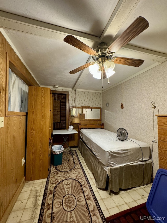7848 Cole St, Rapid River, MI 49878 - bedroom featuring ornamental molding, ceiling fan, and wallpapered walls