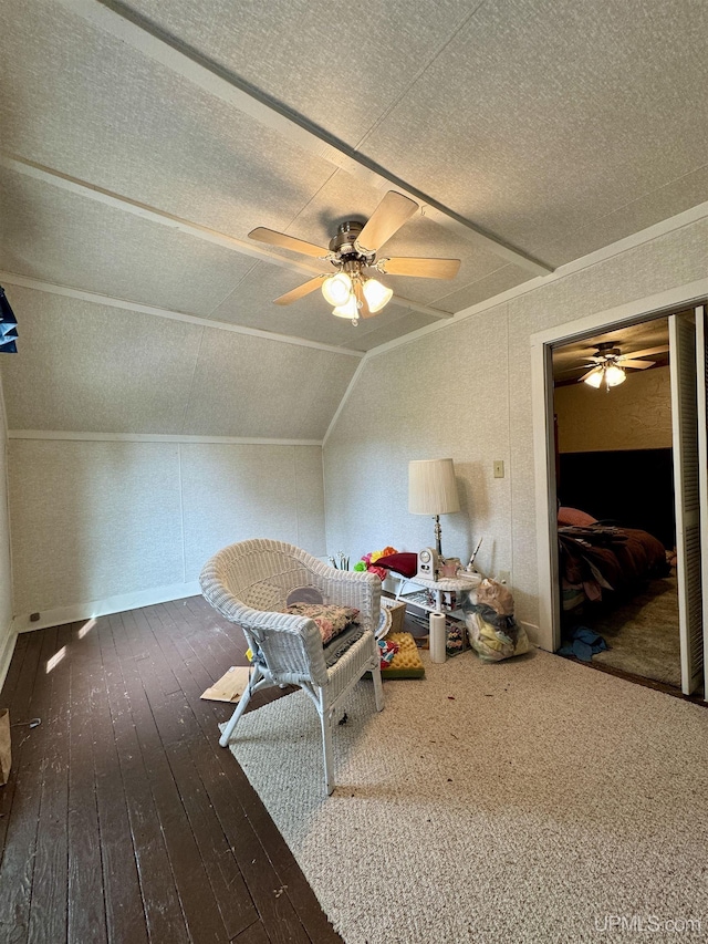 7848 Cole St, Rapid River, MI 49878 - additional living space featuring ceiling fan, a textured ceiling, wood-type flooring, and lofted ceiling