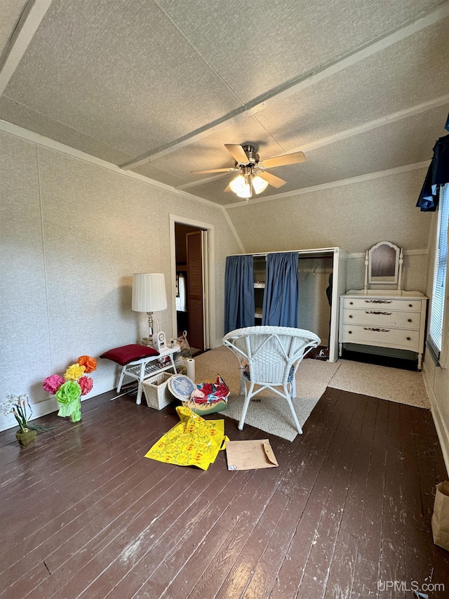 7848 Cole St, Rapid River, MI 49878 - bedroom with hardwood / wood-style flooring, ceiling fan, a textured ceiling, and vaulted ceiling