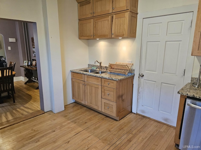 968 Baldwin Ave, Negaunee, MI 49866 - kitchen with a sink, light wood finished floors, dishwasher, light stone counters, and brown cabinetry