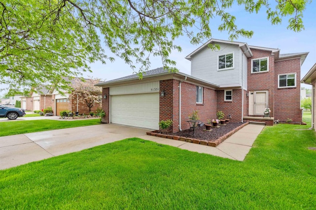 51351 Dw Seaton Dr, Chesterfield, MI 48047 - traditional home with an attached garage, a front yard, brick siding, and concrete driveway