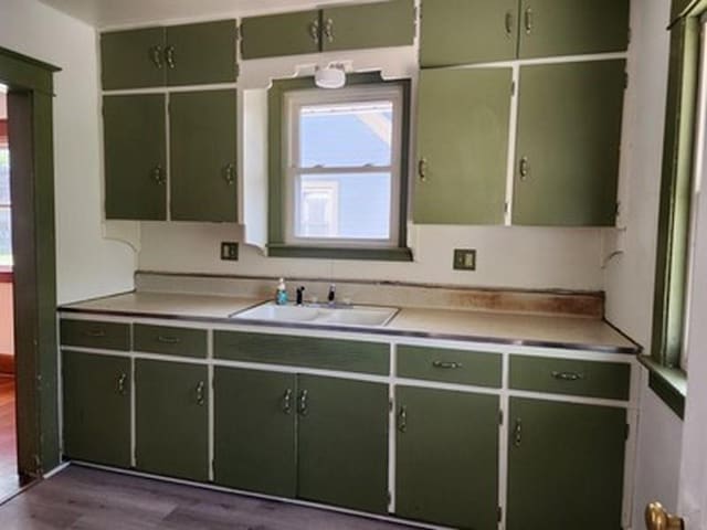 2515 Cooper St, Saginaw, MI 48602 - kitchen featuring a sink, dark wood-style flooring, green cabinetry, and light countertops