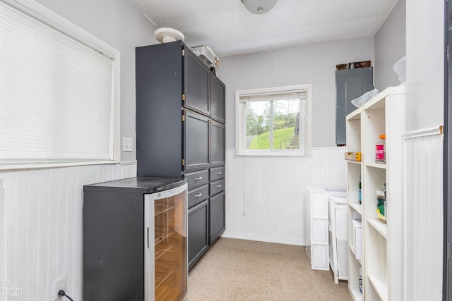 656 Lawson Dr, Lake Orion, MI 48362 - laundry area with wainscoting, electric panel, light carpet, and beverage cooler