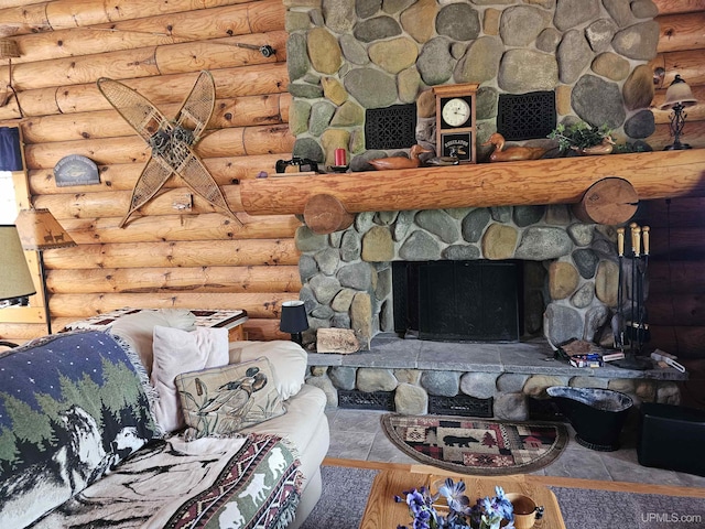 2051 Town Rd M Rd, Florence T-Wi, WI 54121 - living room featuring log walls, a stone fireplace, and wood finished floors