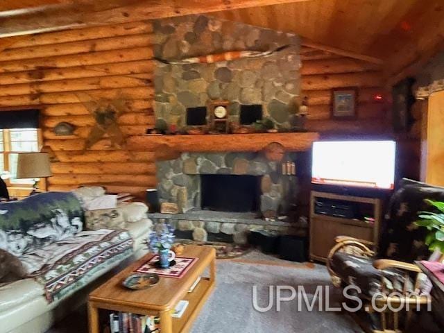 2051 Town Rd M Rd, Florence T-Wi, WI 54121 - living area with rustic walls, wood ceiling, lofted ceiling, and a fireplace