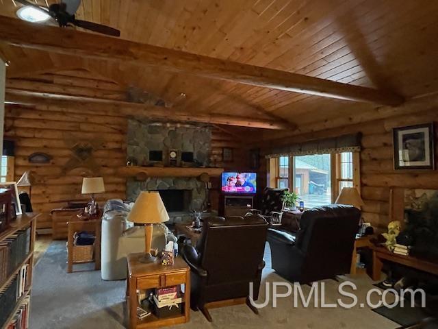 2051 Town Rd M Rd, Florence T-Wi, WI 54121 - living area with wood ceiling, log walls, a ceiling fan, and a stone fireplace