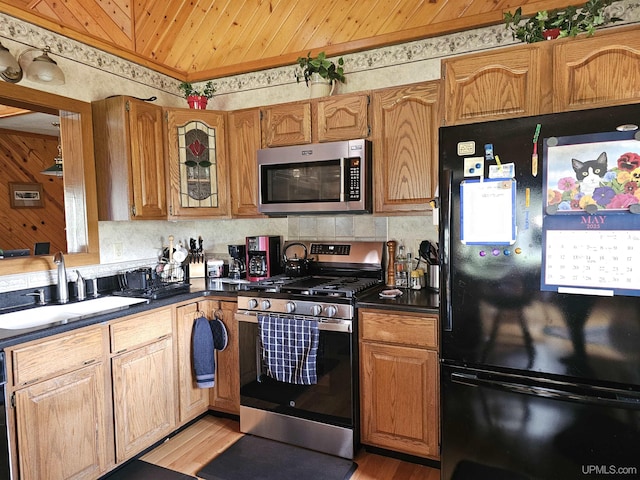 2051 Town Rd M Rd, Florence T-Wi, WI 54121 - kitchen with appliances with stainless steel finishes, a sink, wood ceiling, dark countertops, and light wood-style flooring