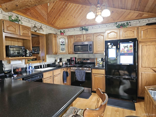 2051 Town Rd M Rd, Florence T-Wi, WI 54121 - kitchen featuring black appliances, wooden ceiling, a sink, dark countertops, and light wood finished floors