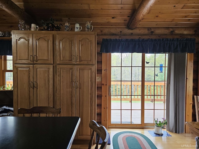 2051 Town Rd M Rd, Florence T-Wi, WI 54121 - dining area featuring rustic walls, wood finished floors, and wooden ceiling with exposed beams