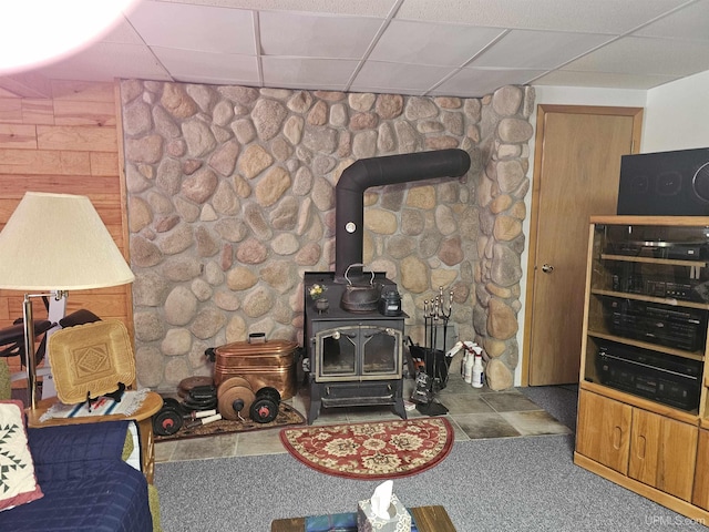 2051 Town Rd M Rd, Florence T-Wi, WI 54121 - living area with a wood stove and a paneled ceiling