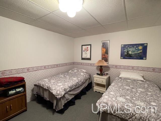 2051 Town Rd M Rd, Florence T-Wi, WI 54121 - bedroom with a wainscoted wall, wallpapered walls, a paneled ceiling, and carpet flooring