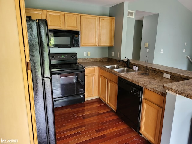15495 Cornell Dr, Clinton Township, MI 48038 - kitchen featuring black appliances, light brown cabinets, dark wood-style flooring, a sink, and a peninsula