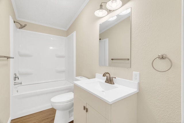 2100 Rowe Rd, Applegate, MI 48401 - full bath with vanity, ornamental molding, wood finished floors, shower / washtub combination, and toilet