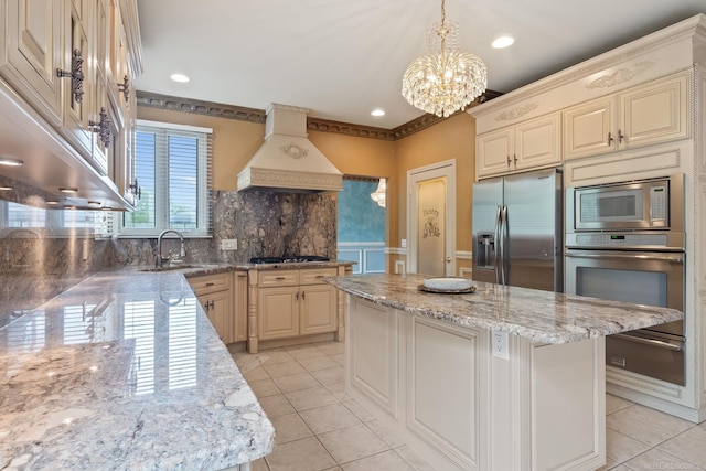 4931 Peggy St, West Bloomfield, MI 48322 - kitchen featuring stainless steel appliances, custom exhaust hood, a warming drawer, a chandelier, and a sink