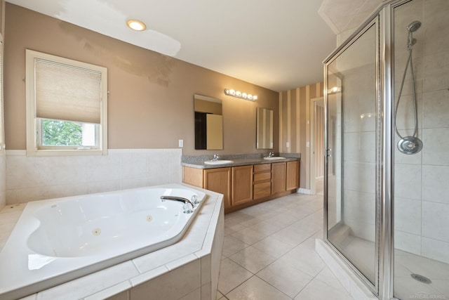 4931 Peggy St, West Bloomfield, MI 48322 - bathroom with a stall shower, a jetted tub, double vanity, and tile patterned floors