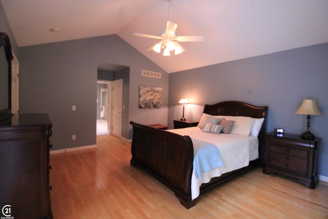 50887 Nature Dr, New Baltimore, MI 48047 - bedroom with lofted ceiling, light wood-style floors, baseboards, and a ceiling fan