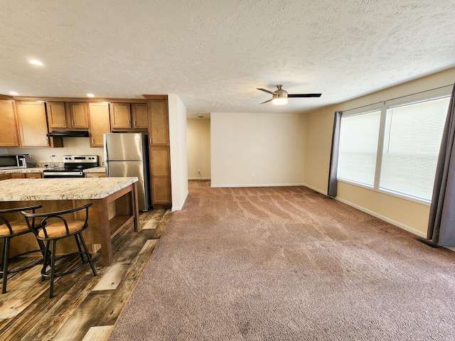 2521 Bonnie Mae Rd, Harrison, MI 48625 - kitchen with appliances with stainless steel finishes, under cabinet range hood, light countertops, ceiling fan, and baseboards