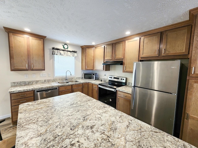 2521 Bonnie Mae Rd, Harrison, MI 48625 - kitchen featuring appliances with stainless steel finishes, a sink, under cabinet range hood, brown cabinetry, and wood finished floors